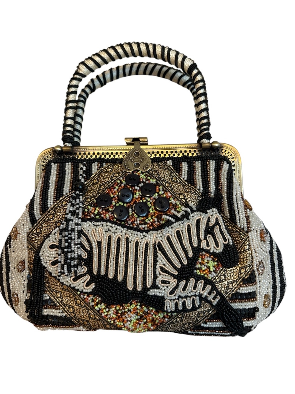 Vintage Beaded Zebra Bag Coldwater Creek Tassel Accents Gold Tone Black & White - Picture 10 of 10